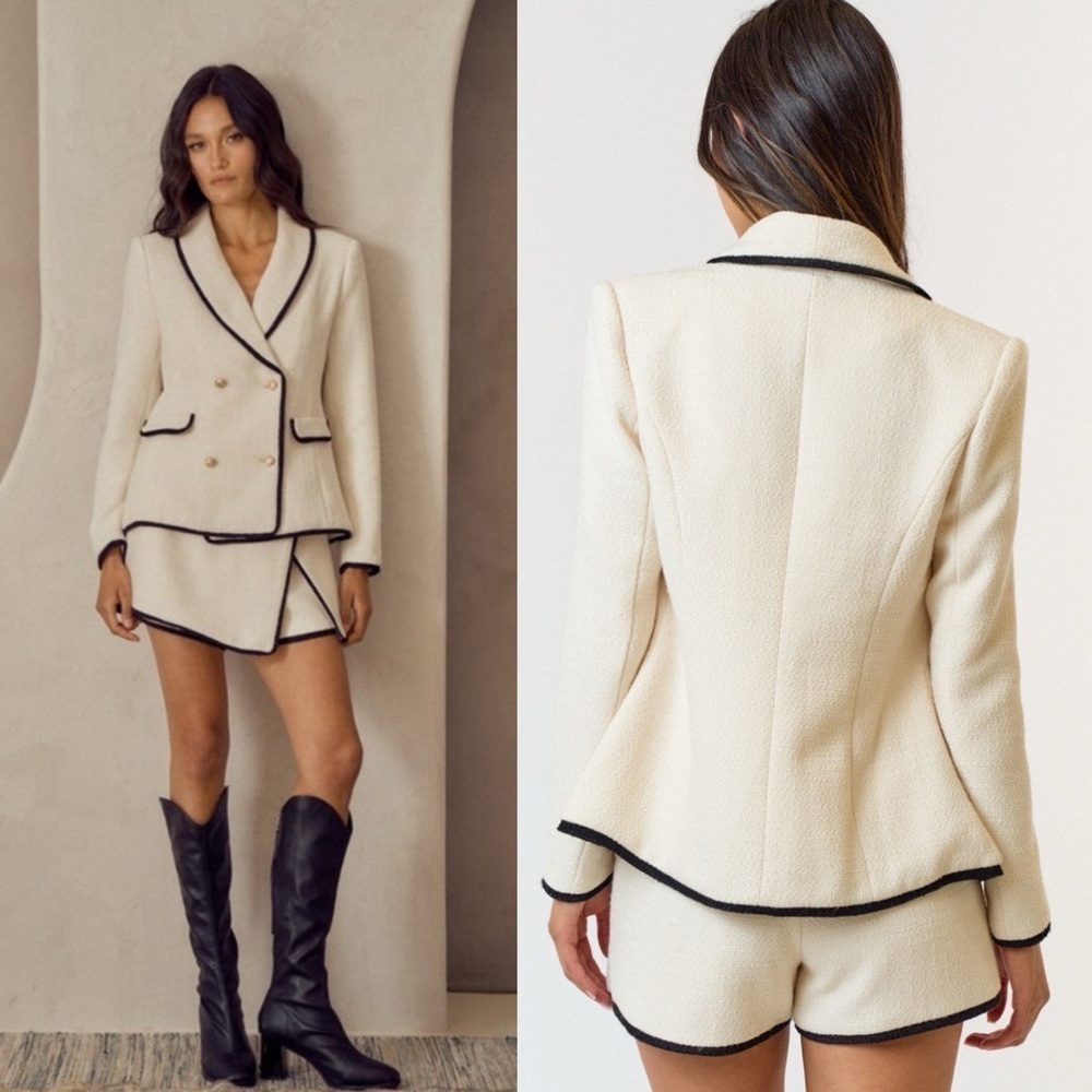 116. Two-Tone Trim Bouclé Double-Breasted Blazer and Skort Set